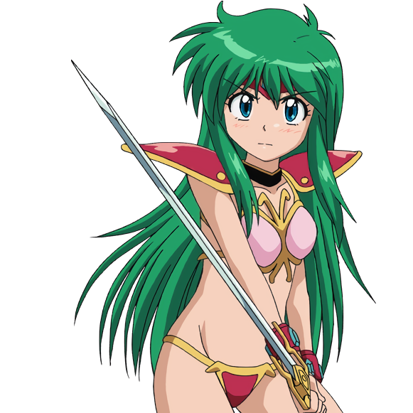 80s armor ayanokouji_rem bikini_armor blue_eyes bracelet cowboy_shot dream_hunter_rem forehead_protector green_hair holding holding_sword holding_weapon jewelry long_hair looking_at_viewer non-web_source official_art oldschool pauldrons serious solo sword transparent_background two-handed weapon