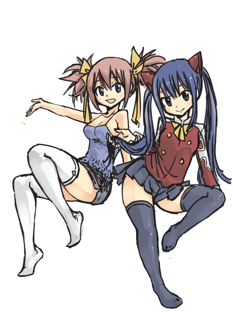 2girls breasts chelia_blendy curvy fairy_tail female hair_ribbon long_hair looking_at_viewer mashima_hiro multiple_girls official_art ribbon sheria_blendy shiny_skin simple_background skirt small_breasts smile solo twintails wendy_marvell