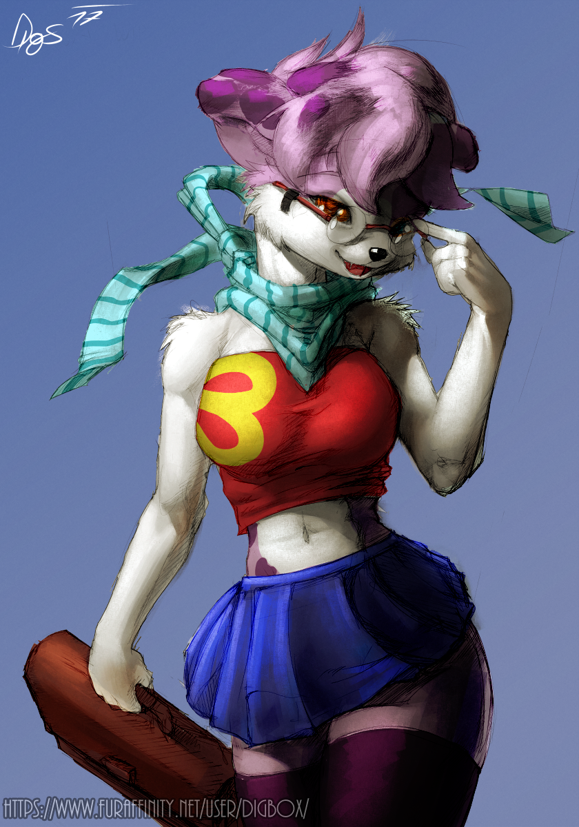 4_fingers anthro canine clothed clothing cute digbox eyewear female front_view fur glasses hair holding_object legwear looking_at_viewer mammal open_mouth pink_fur purple_fur rena seductive shirt skirt smile socks solo spots standing white_fur wide_hips young