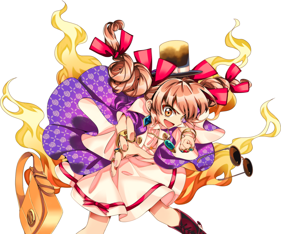 :d antinomy_of_common_flowers bag bow bracelet dress drill_hair earrings fingernails hair_ribbon handbag harukawa_moe hat hat_bow jewelry necklace official_art open_mouth orange_eyes orange_hair pendant red_ribbon ribbon ring short_hair sideways_mouth smile solo sunglasses top_hat touhou transparent_background twin_drills twintails v-shaped_eyebrows white_dress yorigami_jo'on