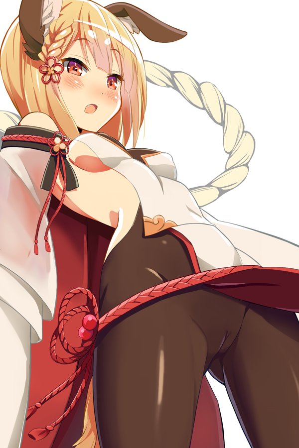 9law animal_ears ass_visible_through_thighs bare_shoulders black_legwear blonde_hair blush braid breasts cameltoe commentary_request covered_nipples detached_sleeves dog_ears erune fang granblue_fantasy japanese_clothes long_sleeves looking_to_the_side no_panties open_mouth pantyhose pelvic_curtain rope shimenawa short_hair sideboob simple_background small_breasts smile solo vajra_(granblue_fantasy) white_background wide_sleeves
