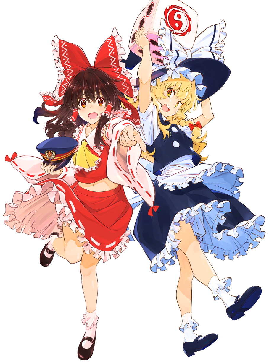 apron artist_request black_footwear blonde_hair bobby_socks bow braid brown_hair detached_sleeves dice frilled_bow frills hair_bow hair_tubes hakurei_reimu hat hat_bow highres holding holding_hat kirisame_marisa mary_janes midriff red_bow shoes short_sleeves side_braid sidelocks single_braid socks touhou transparent_background waist_apron white_legwear wide_sleeves witch_hat