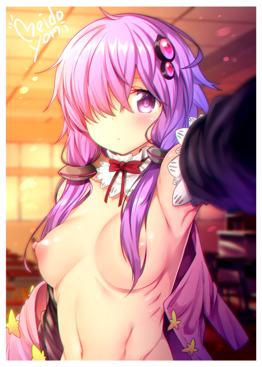 ahoge areola_slip areolae arm_up armpits artist_name backlighting bangs blurry blurry_background blush breasts chromatic_aberration classroom closed_mouth depth_of_field detached_collar detached_sleeves foreshortening hair_ornament hair_over_breasts hair_over_one_eye hair_tubes hairpin highres indoors long_hair long_sleeves looking_at_viewer low_twintails medium_breasts meido_yomi navel neck_ribbon nipples nude open_clothes purple_eyes purple_hair reaching_out red_neckwear red_ribbon ribbon ribs self_shot solo tareme twintails upper_body vocaloid voiceroid yuzuki_yukari