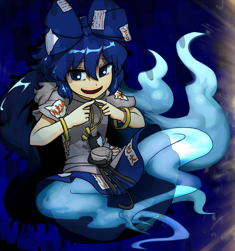 :d bangs blue_bow blue_eyes blue_fire blue_hair blue_skirt bow bracelet cat cup debt eyebrows eyebrows_visible_through_hair fingers_together fire flat_chest ghost_tail grey_hoodie hair_between_eyes hair_bow hood hood_down hoodie jewelry long_hair looking_away looking_to_the_side miniskirt ninniku_(ninnniku105) open_mouth short_sleeves sitting skirt smile solo stuffed_animal stuffed_cat stuffed_toy torn_clothes torn_hoodie touhou turn_pale very_long_hair yorigami_shion