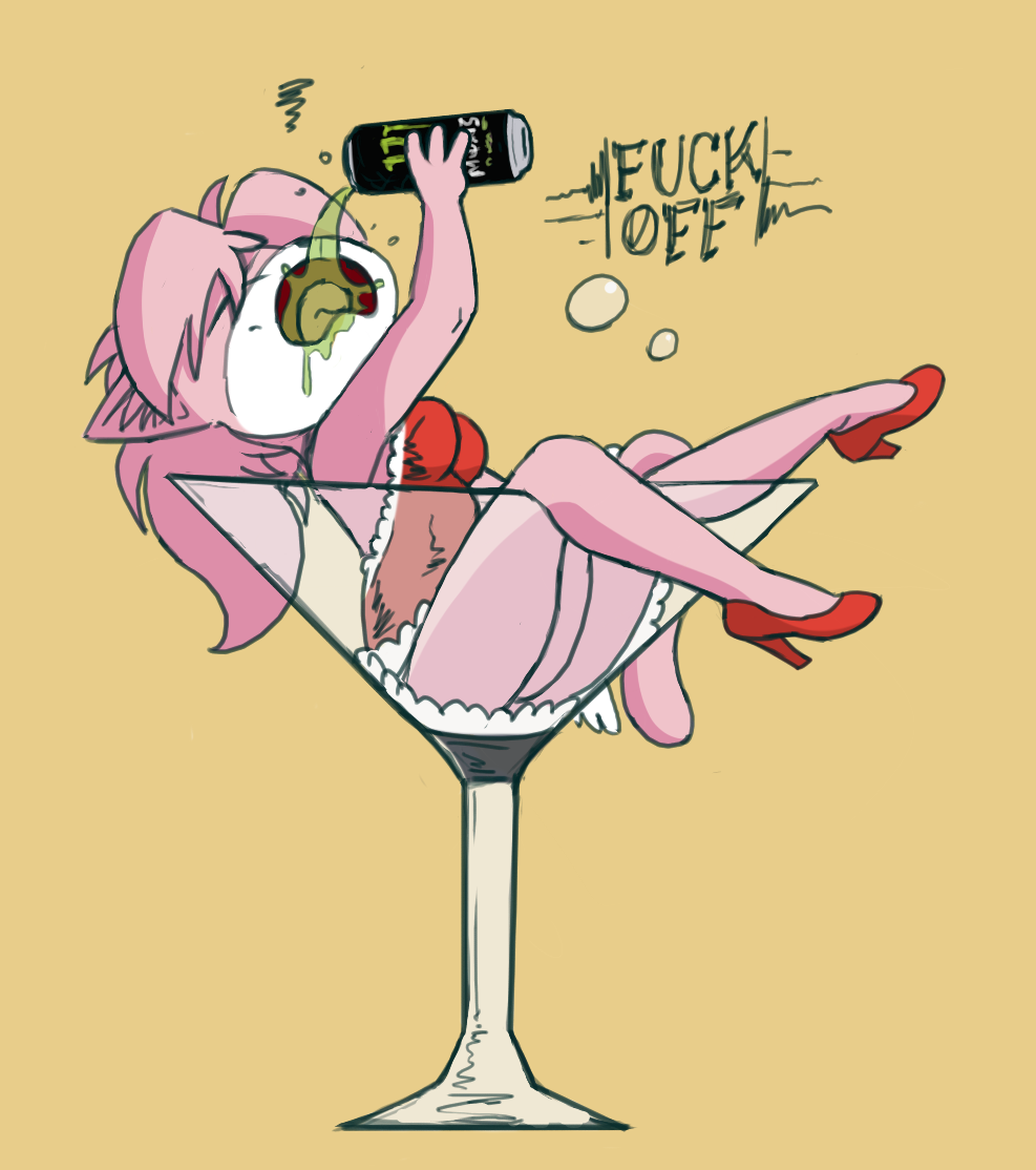 2018 4_fingers aeris_(vg_cats) anthro breasts cat champagne_glass clothing digital_media_(artwork) dress drunk energy_drink english_text eyes_closed feline female footwear fur hair high_heels mammal monster_energy open_mouth pink_fur pink_hair pose redout shoes simple_background sitting solo text vg_cats zeigram