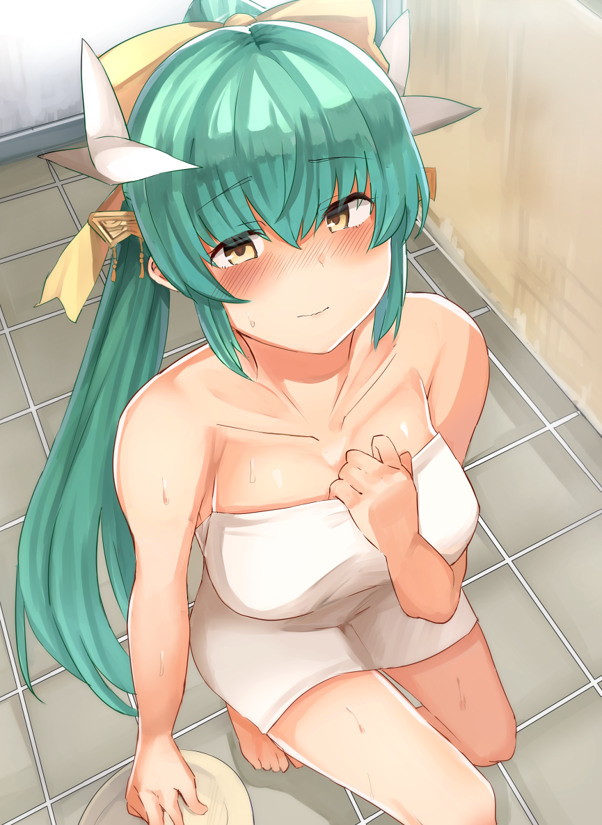 aqua_hair bangs barefoot bathroom blush bow breasts closed_mouth collarbone dragon_horns eyebrows_visible_through_hair eyes_visible_through_hair fate/grand_order fate_(series) from_above hair_bow hair_ornament hand_on_own_chest horns indoors kiyohime_(fate/grand_order) long_hair looking_at_viewer looking_up medium_breasts naked_towel nose_blush sabujiroko solo squatting sweat towel very_long_hair wavy_mouth white_towel yellow_bow yellow_eyes