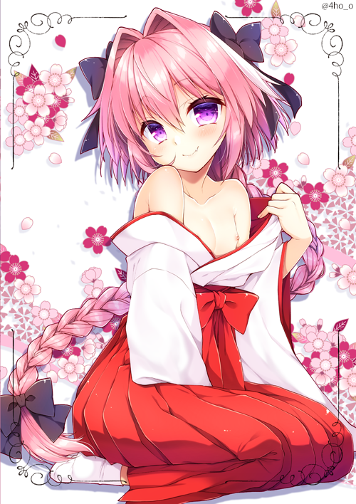 aichi_shiho astolfo_(fate) bangs bare_shoulders black_bow blush bow braid closed_mouth collarbone eyebrows_visible_through_hair fang fate/apocrypha fate_(series) floral_background full_body hair_between_eyes hair_bow hakama japanese_clothes kimono long_hair long_sleeves looking_at_viewer male_focus miko multicolored_hair nipples off_shoulder open_clothes open_kimono otoko_no_ko pink_hair purple_eyes red_bow red_hakama seiza single_braid sitting smile socks solo streaked_hair tabi twitter_username two-tone_hair very_long_hair white_hair white_kimono white_legwear wide_sleeves