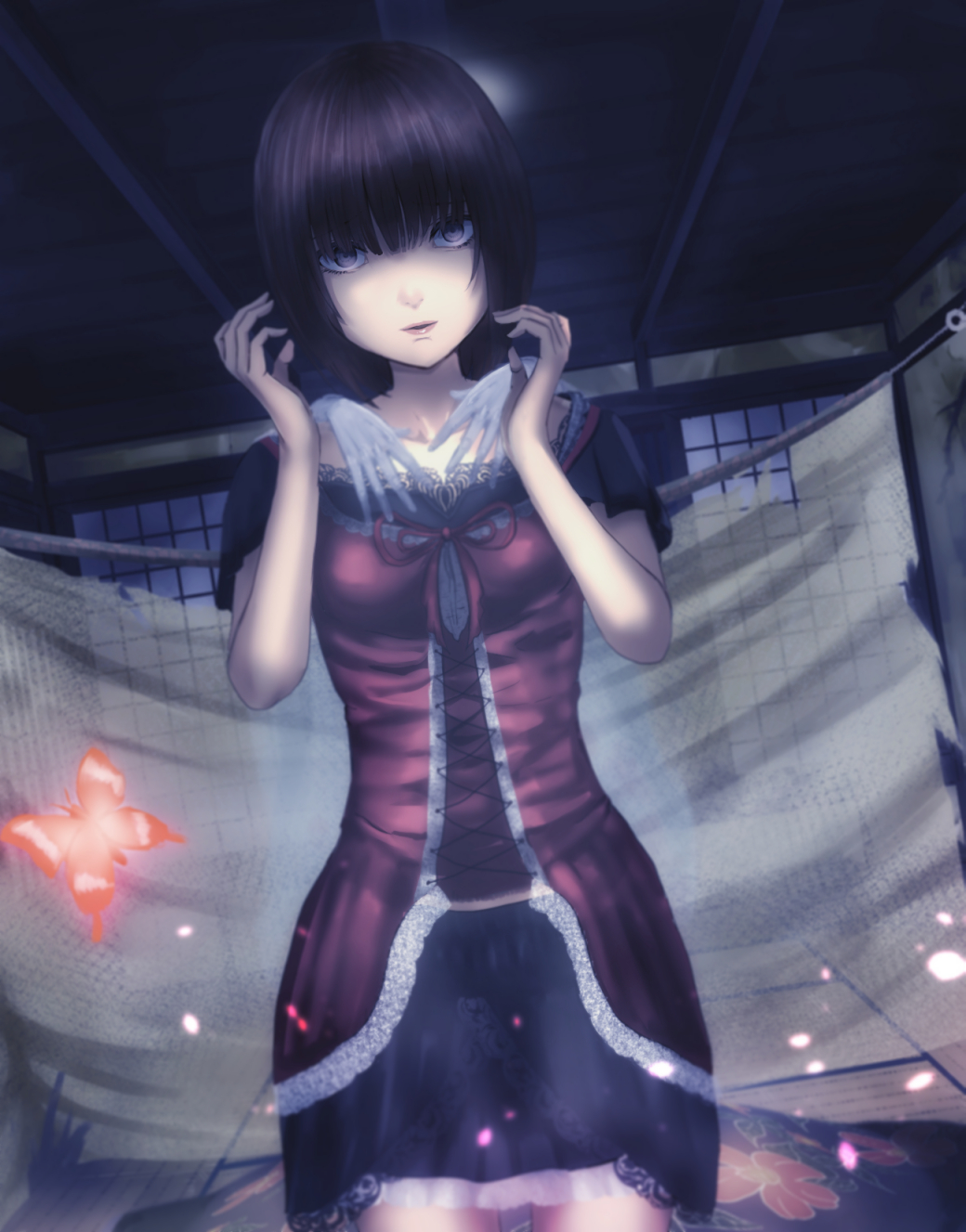 abandoned amakura_mayu black_hair breasts brown_eyes bug butterfly candle cherry_blossoms dress fatal_frame fatal_frame_2 ghost hands_on_own_neck highres horror_(theme) insect interior japanese_clothes kimono night nikuman_(samara) short_hair siblings skirt sliding_doors small_breasts tatami