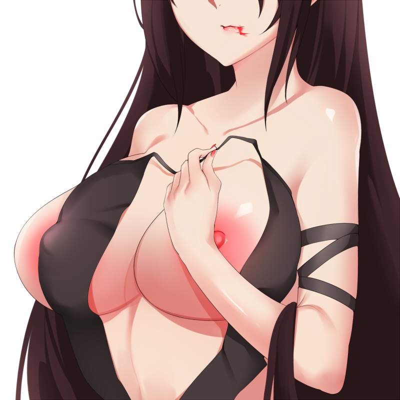 1girl areolae bare_shoulders black_dress black_hair blood blood_from_mouth breasts center_opening consort_yu_(fate) dress fate/grand_order fate_(series) head_out_of_frame large_areolae large_breasts long_hair nipple_slip nipples pink_lips revealing_clothes shito_zhizhen solo strap_slip strapless strapless_dress upper_body very_long_hair white_background