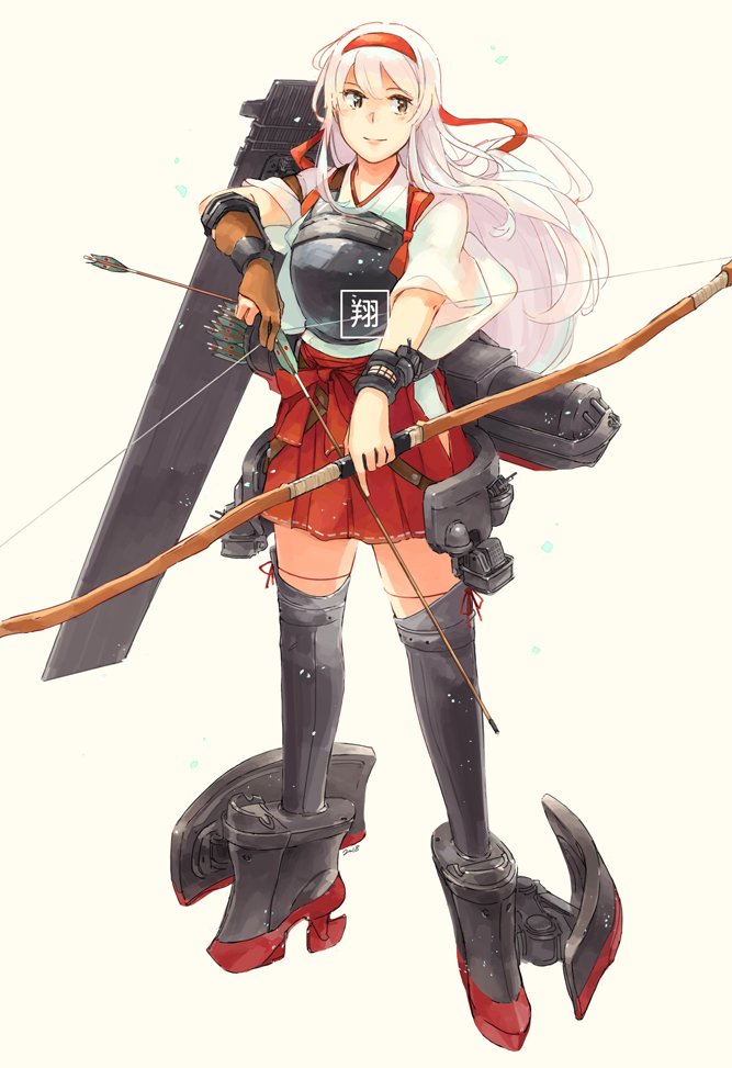 armor armored_boots arrow boots bow_(weapon) breastplate closed_mouth commentary eyebrows_visible_through_hair flight_deck full_body gun hair_between_eyes hairband hakama hakama_skirt headband hip_vent japanese_clothes kantai_collection kimono long_hair machinery muneate quiver red_hakama red_headband red_ribbon red_skirt remodel_(kantai_collection) ribbon rigging rudder_shoes shoukaku_(kantai_collection) silver_hair simple_background skirt smile solo tasuki turret weapon weidashming white_hair white_kimono