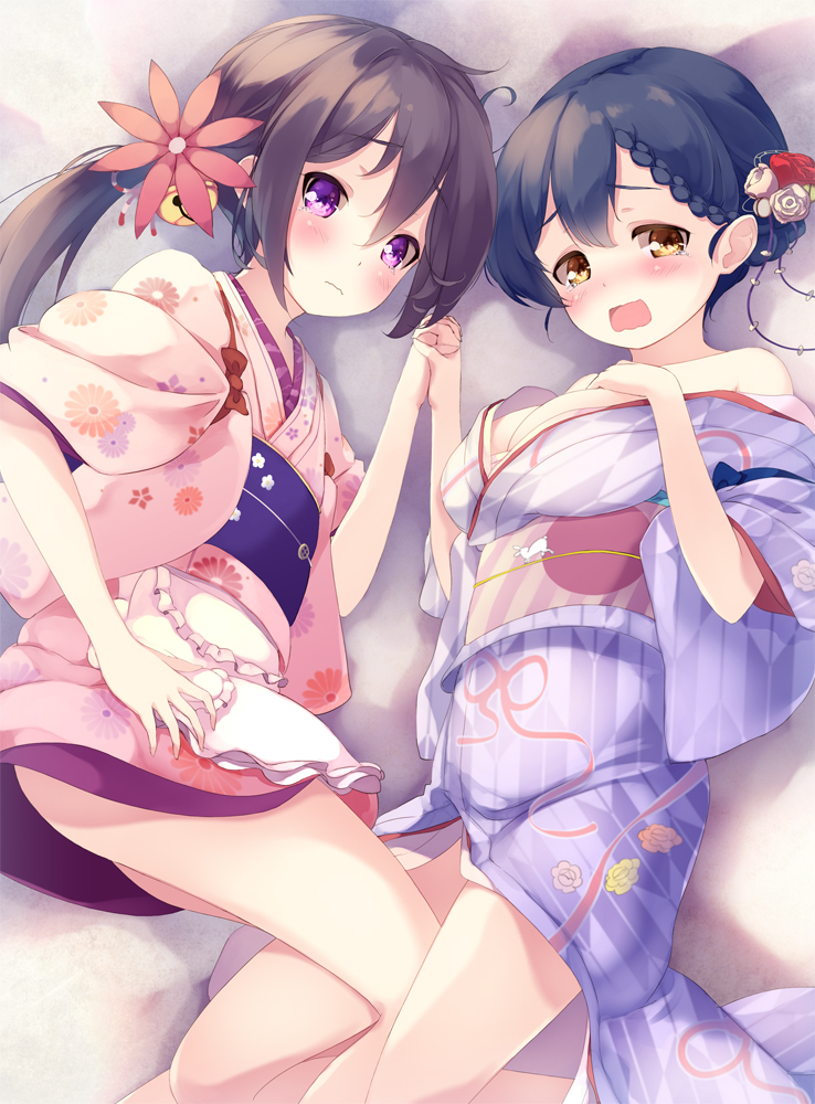 akebono_(kantai_collection) alternate_costume bell black_hair blush breasts commentary_request flower gengetsu_chihiro hair_bell hair_flower hair_ornament japanese_clothes jingle_bell kantai_collection kimono long_hair medium_breasts multiple_girls obi open_mouth pink_flower purple_eyes purple_hair sash side_ponytail ushio_(kantai_collection) wide_sleeves yellow_eyes yukata