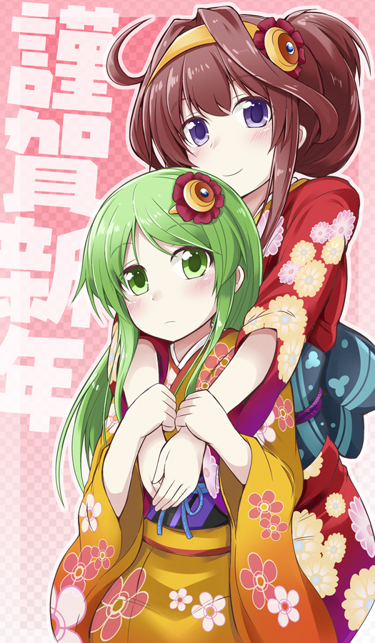 ahoge alternate_hairstyle blue_eyes bow brown_hair crescent crescent_hair_ornament green_eyes green_hair hair_bow hair_intakes hair_ornament hair_up hug hug_from_behind ichimi japanese_clothes kantai_collection kimono kongou_(kantai_collection) multiple_girls nagatsuki_(kantai_collection) ponytail smile translation_request wide_sleeves