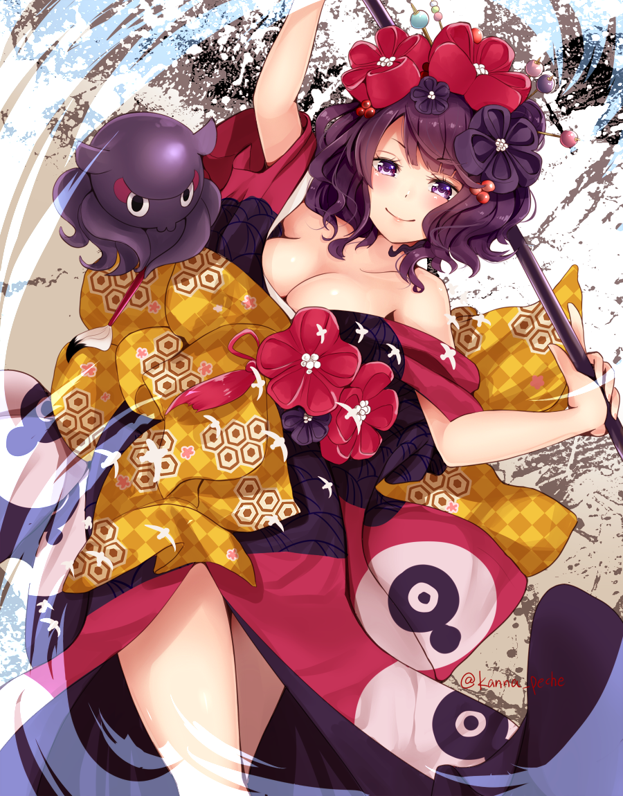 animal arm_up bangs bare_shoulders bird blonde_hair breasts cleavage closed_mouth commentary_request crossed_legs eyebrows_visible_through_hair fate/grand_order fate_(series) flower hair_flower hair_ornament hairpin holding holding_paintbrush japanese_clothes katsushika_hokusai_(fate/grand_order) kimono leaning_to_the_side looking_at_viewer medium_breasts narushima_kanna octopus off_shoulder paintbrush print_kimono purple_eyes purple_flower purple_hair red_flower sash short_hair smile solo standing tokitarou_(fate/grand_order)