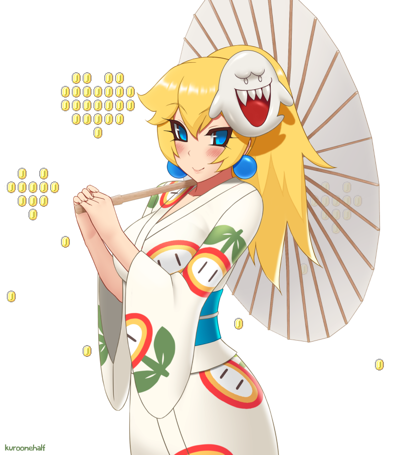 alternate_costume artist_name bangs blonde_hair blue_eyes blush boo breasts closed_mouth coin cowboy_shot earrings fire_flower floral_print ghost_mask heart holding holding_umbrella japanese_clothes jewelry kimono kuroonehalf large_breasts lips long_hair long_sleeves mario_(series) mask mask_on_head obi oriental_umbrella over_shoulder ponytail princess_peach print_kimono sash shiny shiny_hair simple_background smile solo standing super_mario_bros. super_mario_odyssey tsurime umbrella white_background white_kimono wide_sleeves