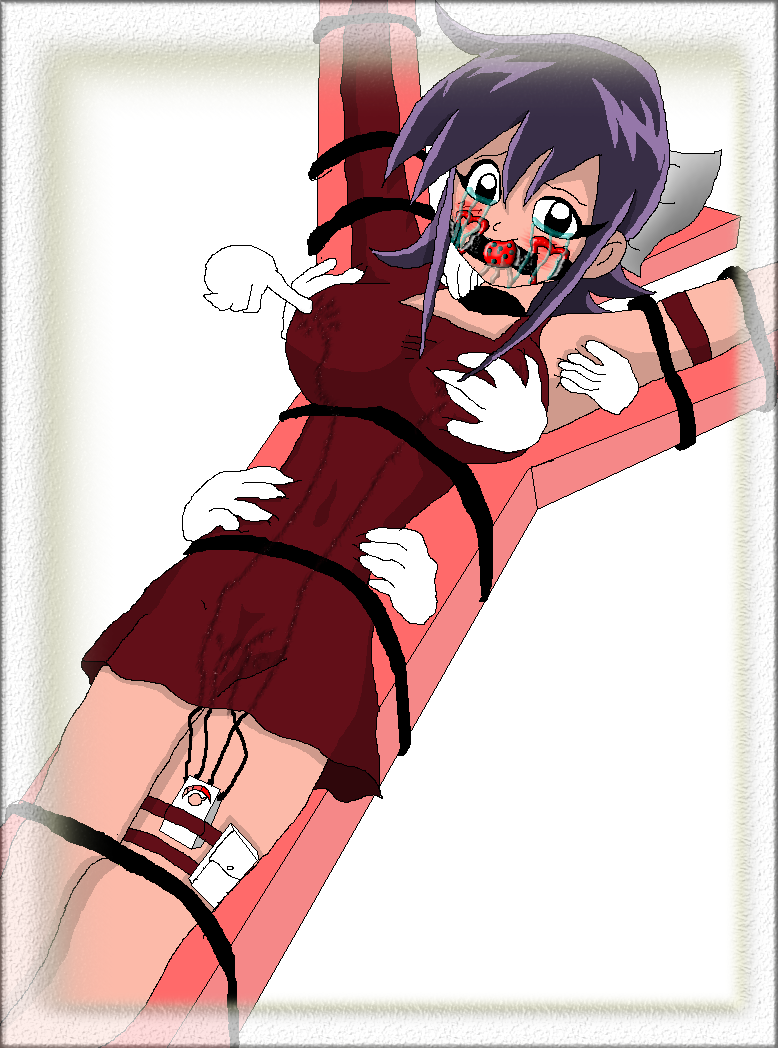 1girl abuse ball_gag barefoot black_eyes breast_grab breasts crying duel duel_masters full_body fun gag gagged ghost helpless legs masters mechanical_fixation mimi mimi_tasogare purple_hair sitting streaming_tears tears tickle_torture tickling tied torture vibrator