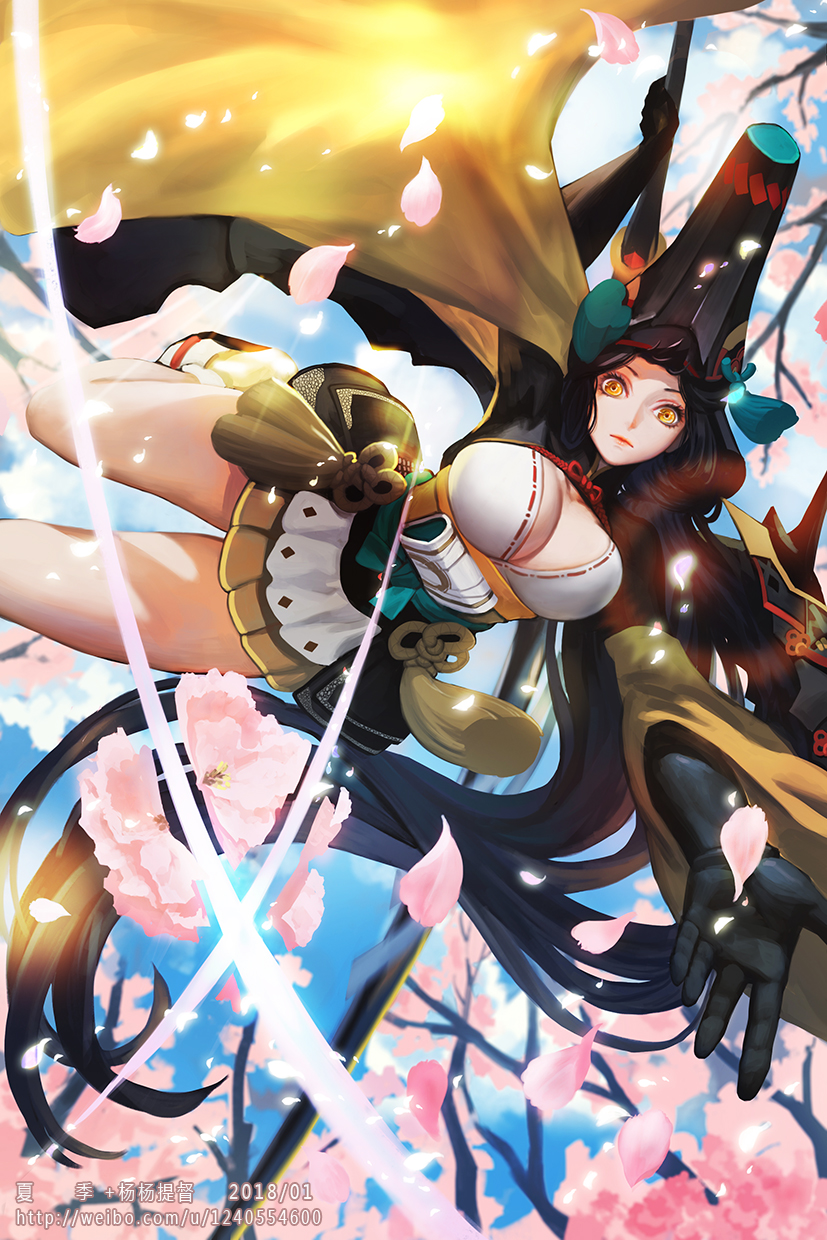absurdly_long_hair armor black_gloves black_hair breasts cleavage collarbone dated falling geta gloves hat highres holding holding_sword holding_weapon japanese_armor japanese_clothes large_breasts long_hair long_sleeves looking_at_viewer miniskirt obi onmyoji red_lips sash shrug_(clothing) skirt sliced solo sword tabi very_long_hair watermark weapon web_address xiaji yellow_eyes youtouhime