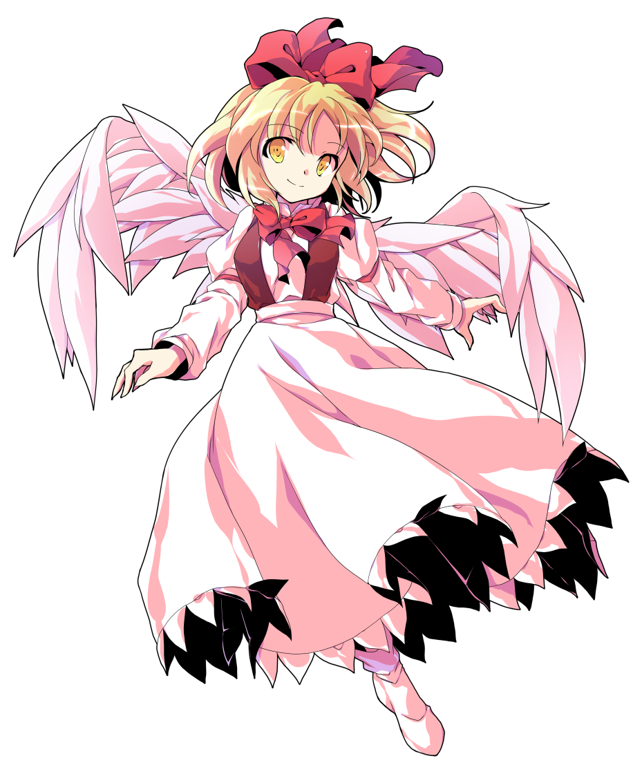 alphes_(style) bangs black_vest blonde_hair bow bowtie closed_mouth dairi eyebrows eyebrows_visible_through_hair feathered_wings feathers full_body gengetsu hair_between_eyes hair_bow long_sleeves parody red_bow red_neckwear shirt short_hair skirt skirt_set smile socks solo style_parody tareme touhou touhou_(pc-98) transparent_background vest white_footwear white_shirt white_skirt white_wings wings yellow_eyes