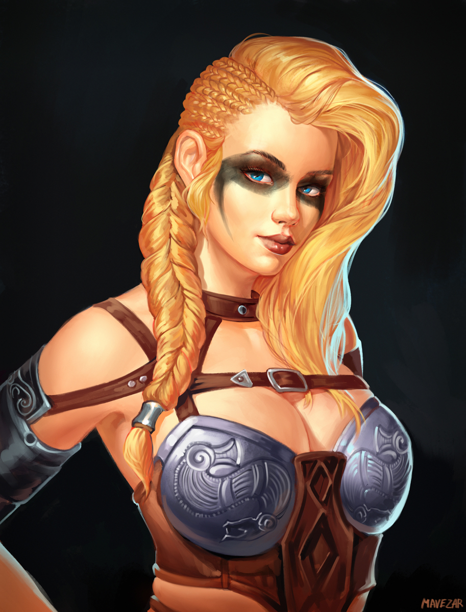 armor artist_name asymmetrical_hair barbarian bikini_armor black_background blonde_hair blue_eyes braid breastplate breasts brynja_hegg cleavage commentary cornrows eyelashes facepaint hair_over_shoulder harness highres large_breasts leather lips lipstick long_hair looking_at_viewer makeup mavezar nose original red_lipstick side_braid simple_background solo tribal upper_body warcraft world_of_warcraft