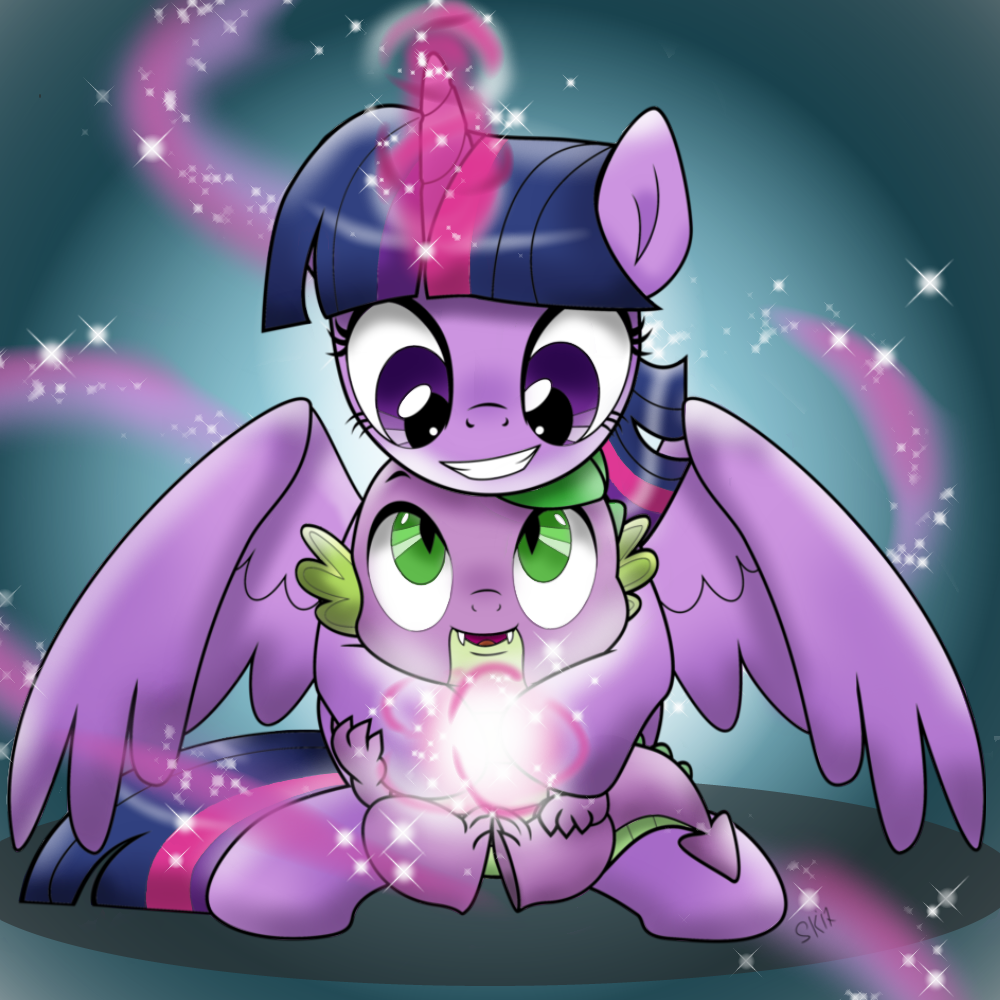 2017 abstract_background blue_hair collaboration dragon dsana duo emositecc equine eye_contact fangs feathered_wings feathers female friendship_is_magic front_view fur green_eyes grin hair happy horn hug magic male mammal my_little_pony pink_hair purple_eyes purple_fur purple_scales scales sitting smile spade_tail sparkles spike_(mlp) twilight_sparkle_(mlp) winged_unicorn wings