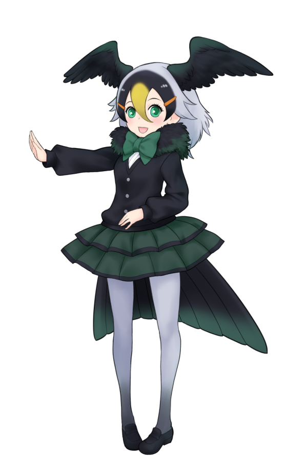 :d bird_tail black_footwear black_hair blonde_hair bow bowtie full_body fur_collar gradient_legwear green_eyes green_neckwear green_skirt grey_hair hair_between_eyes hair_ornament hairclip head_wings ise_(0425) japanese_cormorant_(kemono_friends) kemono_friends long_hair long_sleeves looking_at_viewer multicolored_hair open_mouth outstretched_arm pantyhose pigeon-toed shoes simple_background skirt smile solo white_background