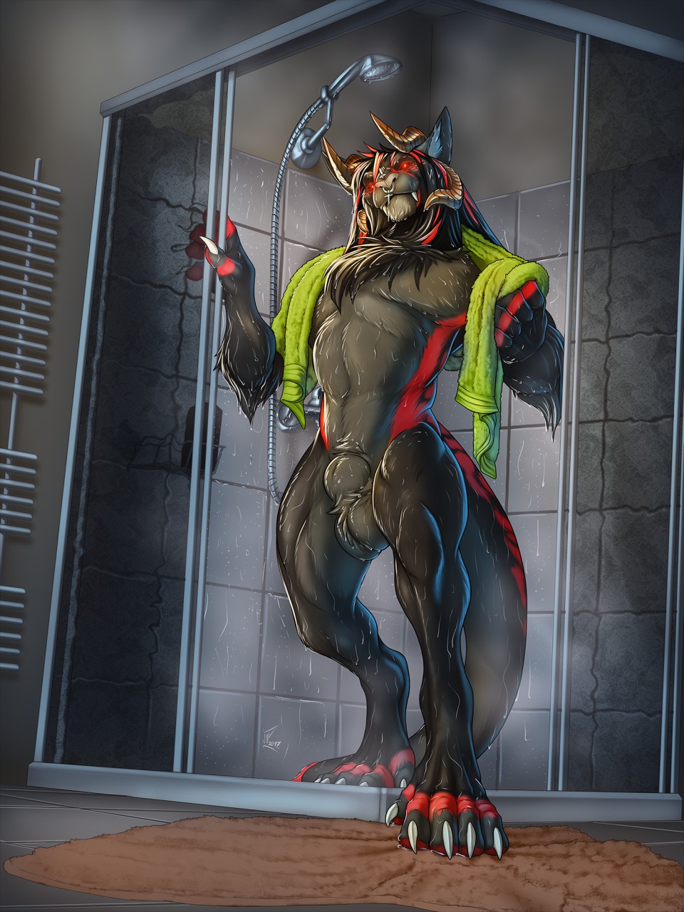 animal_genitalia anthro balls big_balls black_fur chest_tuft claws cross demon dripping elbow_tufts facial_piercing feline fur grey_fur horn jackrow long_tail looking_at_viewer male mammal muscular muscular_male nose_piercing pecs piercing pubes red_eyes red_fur ryuga_(raylldo) sheath shower smile solo standing teeth thick_thighs towel tuft water wet