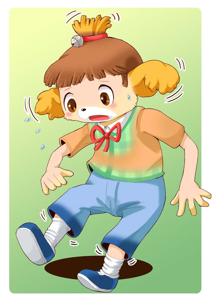animal_crossing bell black_nose blonde_hair blush brown_eyes brown_hair canine clothing_transformation dog edmol female fluffy_ears fur gender_transformation hair human isabelle_(animal_crossing) male mammal nintendo open_mouth shocked sweat transformation video_games white_fur young