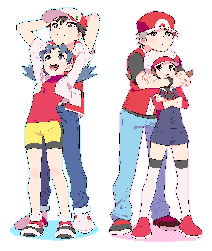 2girls :&lt; :d arms_around_neck arms_behind_head arms_up bangs bare_legs baseball_cap bike_shorts black_eyes blue_eyes blue_hair blue_pants blush bow brown_eyes brown_hair closed_mouth comparison cropped_jacket crossed_arms crystal_(pokemon) dual_persona flat_chest frown full_body grey_hair grin hair_between_eyes hat hat_bow height_difference hug hug_from_behind jacket kotone_(pokemon) legs_apart looking_at_another looking_down looking_up low_twintails multiple_boys multiple_girls open_mouth overall_shorts pants pokemon pokemon_(game) pokemon_gsc pokemon_hgss pumpkinpan red_(pokemon) red_(pokemon_frlg) red_(pokemon_rgby) red_bow red_footwear red_hat red_shirt sanpaku shirt shoes short_sleeves shorts smile standing thighhighs turtleneck twintails white_background white_footwear white_hat white_jacket white_legwear yellow_hat yellow_shorts