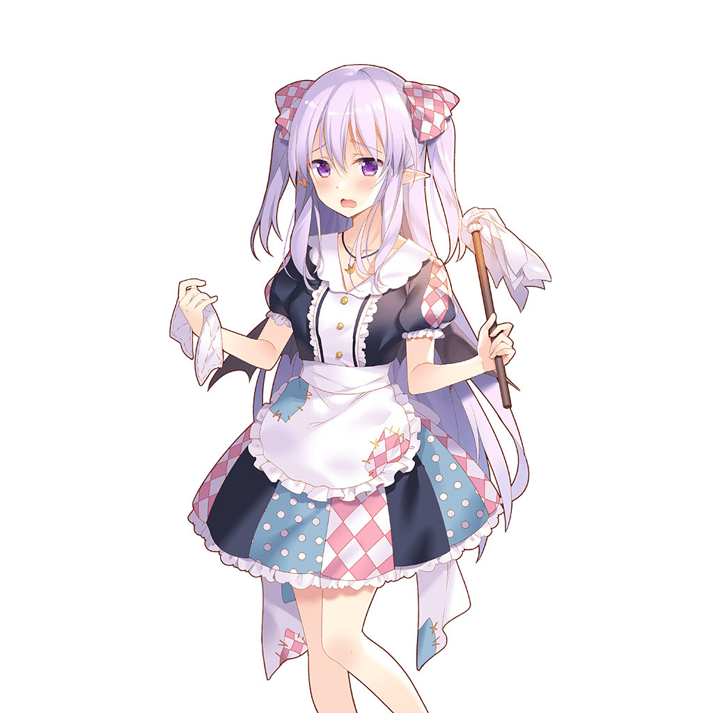 apron argyle bat_wings black_wings dress duster hair_ribbon holding jewelry lavender_hair long_hair miss_barbara necklace official_art patches pointy_ears polka_dot ribbon rie_(reverie) short_sleeves solo transparent_background two_side_up uchi_no_hime-sama_ga_ichiban_kawaii waist_apron wings