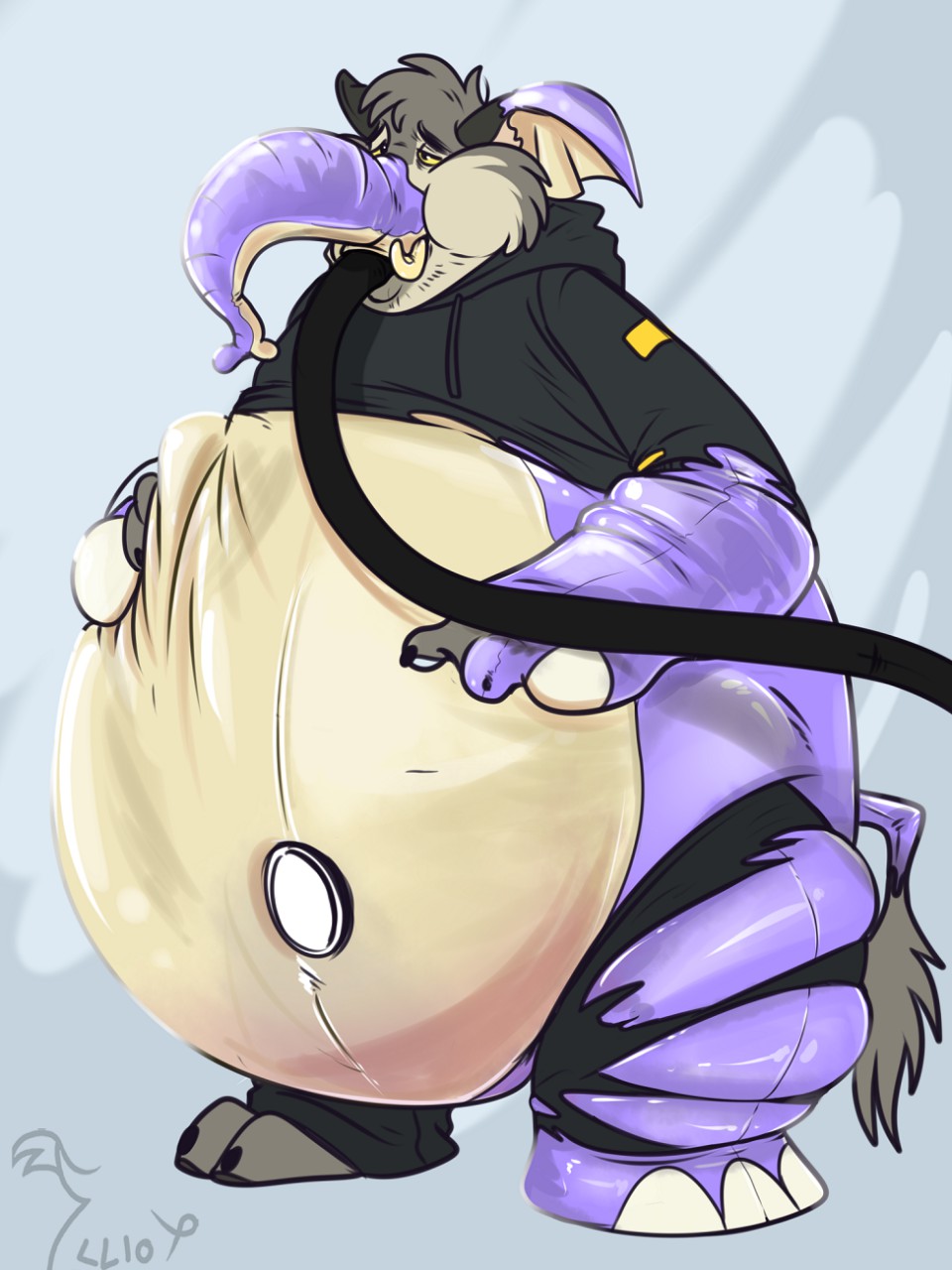 2016 anthro belly big_belly binturongboy clothed clothing digital_drawing_(artwork) digital_media_(artwork) elephant feeding force_feeding forced fur grey_fur hi_res inflatable inflation male mammal nickwolf_(character) open_mouth overweight simple_background solo toes toony torn_clothing transformation tusks weight_gain