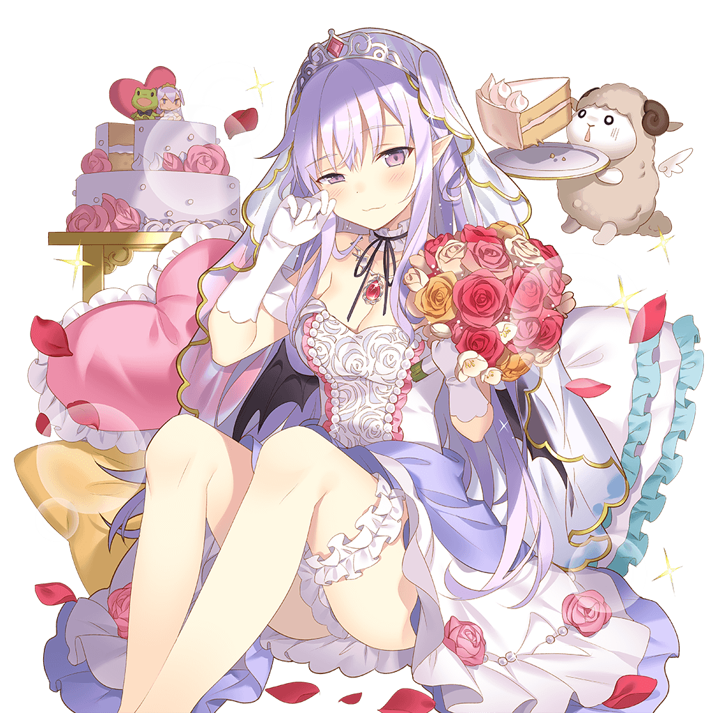 bat_wings black_wings blush bouquet breasts cake cleavage dress eyebrows_visible_through_hair flower food gloves hand_on_own_cheek heart heart_pillow holding holding_bouquet jewelry lavender_hair leg_garter long_hair looking_at_viewer medium_breasts miss_barbara neck_garter official_art pendant petals pillow pointy_ears purple_eyes rie_(reverie) rose_petals sheep sitting smile solo tears transparent_background uchi_no_hime-sama_ga_ichiban_kawaii veil wedding_cake white_gloves wings wiping_tears