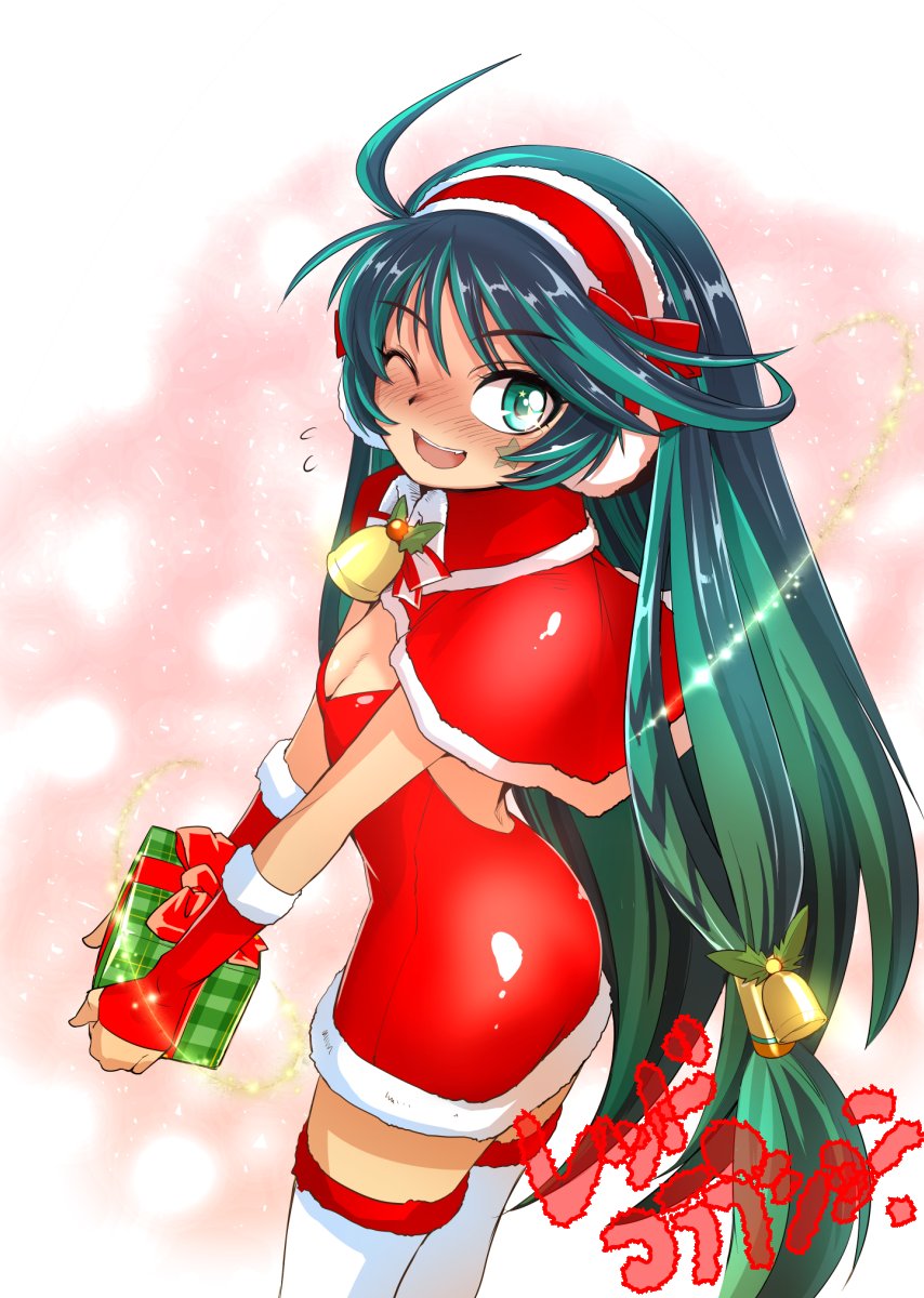 ;) ahoge bell blush box breasts capelet character_request christmas cleavage commentary_request dress ez6 fingerless_gloves fur_trim gift gift_box gloves green_eyes green_hair hair_bell hair_ornament hairband highres long_hair looking_back one_eye_closed red_capelet red_dress red_gloves santa_costume small_breasts smile solo thighhighs v_arms very_long_hair white_legwear zettai_ryouiki