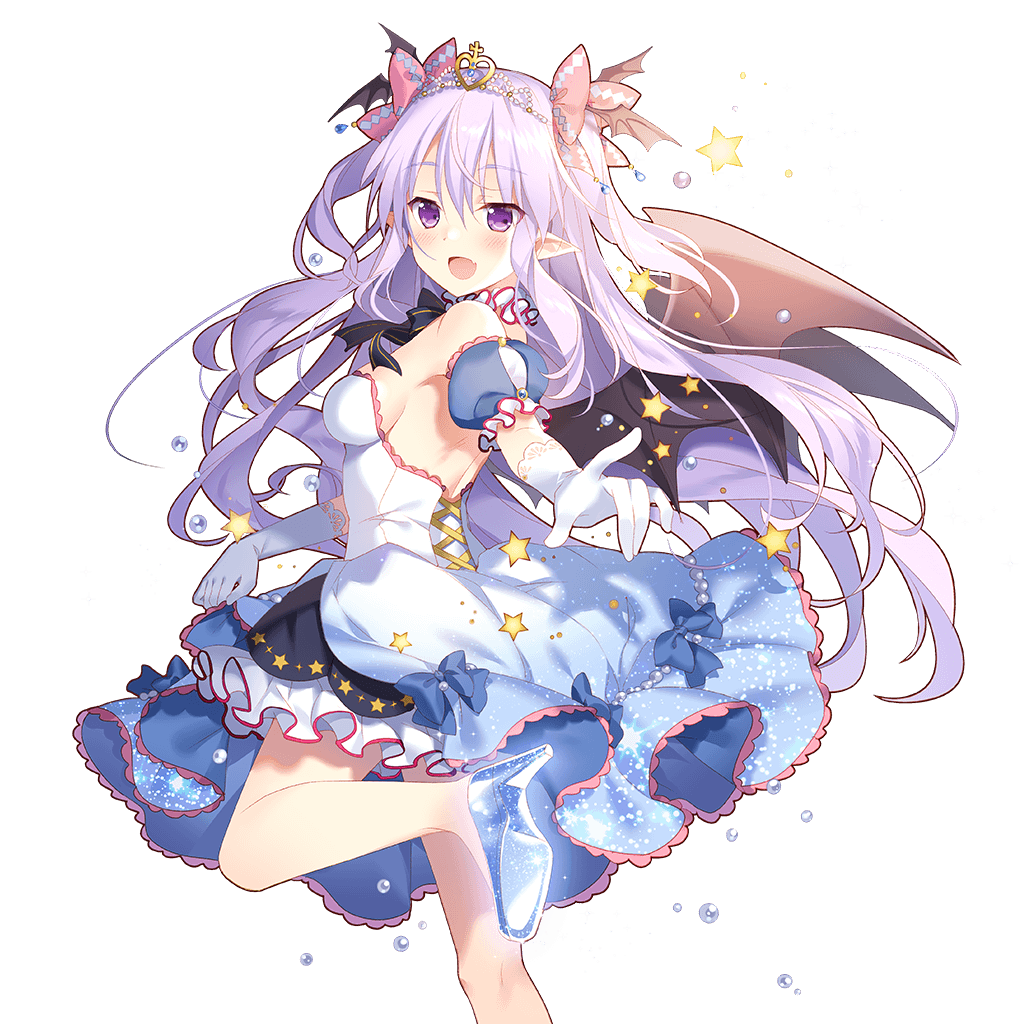 bat_wings black_wings blush dress fang glass_slipper gloves head_wings high_heels lavender_hair leg_up long_hair miss_barbara official_art open_mouth outstretched_arm pointy_ears purple_eyes rie_(reverie) solo tiara transparent_background uchi_no_hime-sama_ga_ichiban_kawaii white_gloves wings