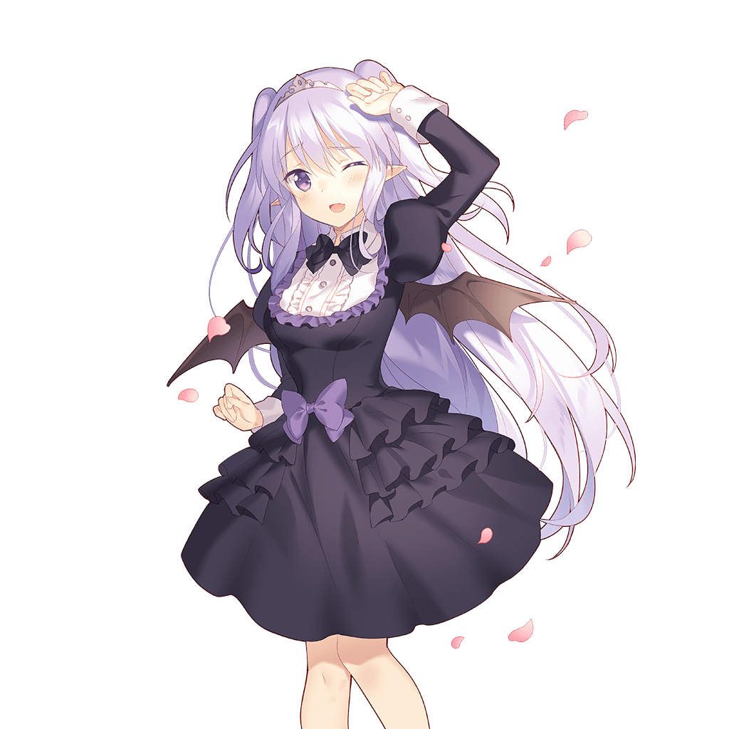 black_dress blush dress hand_to_head juliet_sleeves long_hair long_sleeves looking_at_viewer miss_barbara official_art one_eye_closed petals puffy_sleeves purple_eyes rie_(reverie) solo tiara transparent_background two_side_up uchi_no_hime-sama_ga_ichiban_kawaii
