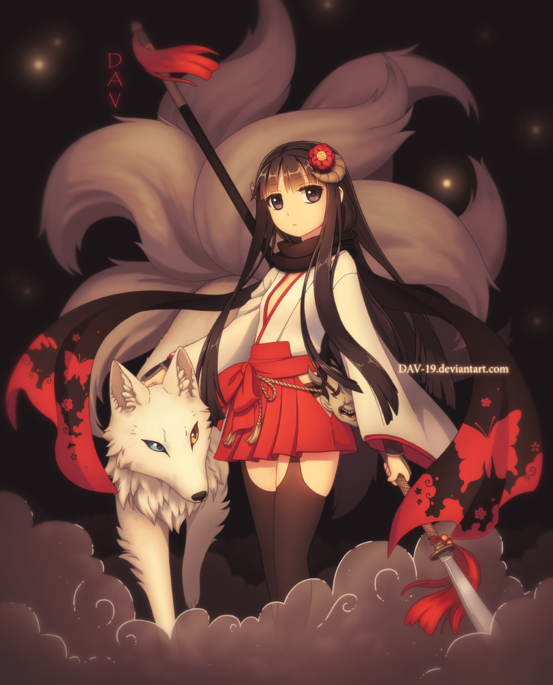 abstract_background ambiguous_gender black_eyes black_hair blue_eyes breasts canine clothed clothing dav-19 duo dust female feral flat_chested fox fully_clothed fur garter_belt garter_straps hair holding_object holding_weapon horn horned_humanoid humanoid inu_x_boku_ss legwear looking_at_viewer mammal mask melee_weapon miko_outfit multi_tail polearm scarf smoke spear standing thigh_highs weapon white_fur yellow_eyes