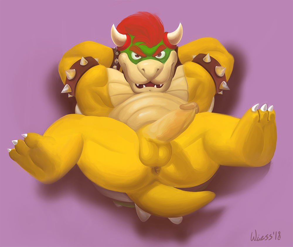 2018 3_toes anthro anus armlet balls biceps big_butt bowser bros_(disambiguation) butt claws clothed clothing collar curved_horns eyebrows hair hands_behind_head hindpaw hybrid koopa lizard looking_at_viewer male mario_bros muscular nintendo nude paws penis pose presenting red_eyes red_hair reptile scalie simple_background solo spiked_shell spread_legs spreading toes video_games wiess yellow_balls