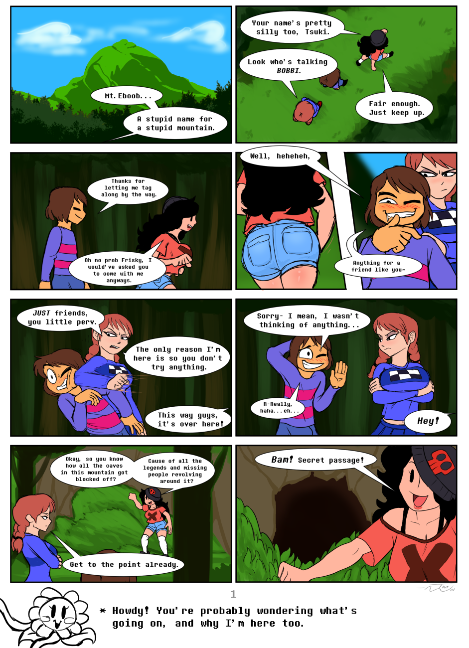 blush breasts bulge butt clothing comic crossgender digital_media_(artwork) drooling female flowey_the_flower human male mammal protagonist_(undertale) saliva text thewill under(her)tail undertale video_games