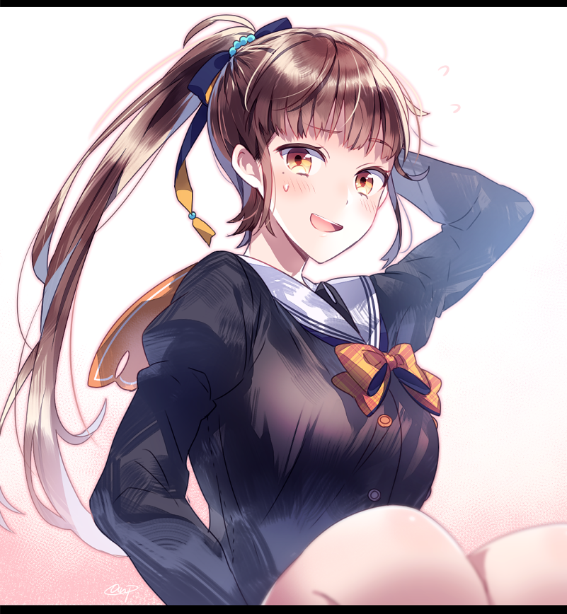 blush breasts brown_hair commentary_request eyebrows eyebrows_visible_through_hair hair_ribbon large_breasts long_hair long_sleeves looking_at_viewer moe_on_drop mole mole_under_eye open_mouth original ponytail ribbon school_uniform solo sweatdrop upper_body yellow_eyes