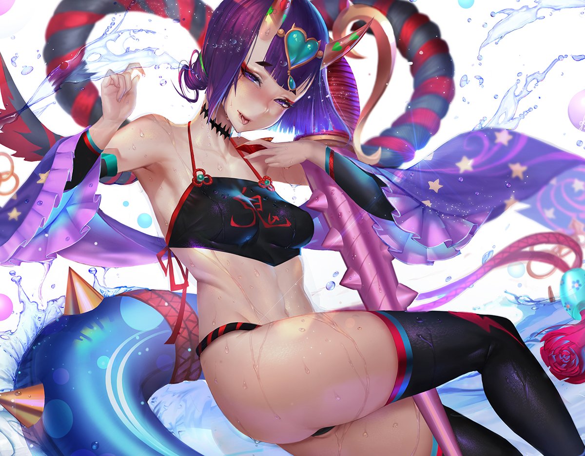 1girl ass bare_shoulders blonde_hair blush bob_cut chinese_clothes club commentary dudou eyeliner fangs fate/grand_order fate_(series) fundoshi gtunver hair_ornament horns innertube japanese_clothes jewelry looking_at_viewer makeup navel oni oni_horns partially_submerged purple_eyes purple_hair revealing_clothes shawl short_eyebrows short_hair shuten_douji_(fate/grand_order) shuten_douji_(halloween_caster)_(fate) smile solo spiked_club stomach thighhighs toned tongue tongue_out water weapon wet