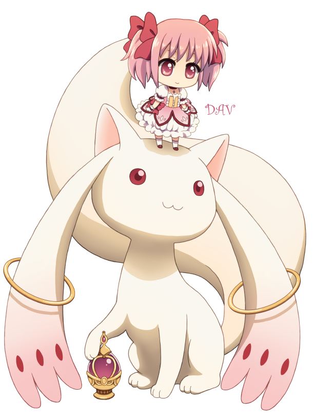 :3 alpha_channel ambiguous_gender chibi clothed clothing dav-19 dress duo female feral footwear fully_clothed gloves hair hair_bow hair_ribbon holding_object human incubator_(species) kyubey legwear madoka_kaname magical_girl_outfit mahou_shoujo_madoka_magica mammal mary_janes one_leg_up pink_eyes pink_hair ribbons shoes simple_background sitting socks soul_gem standing transparent_background