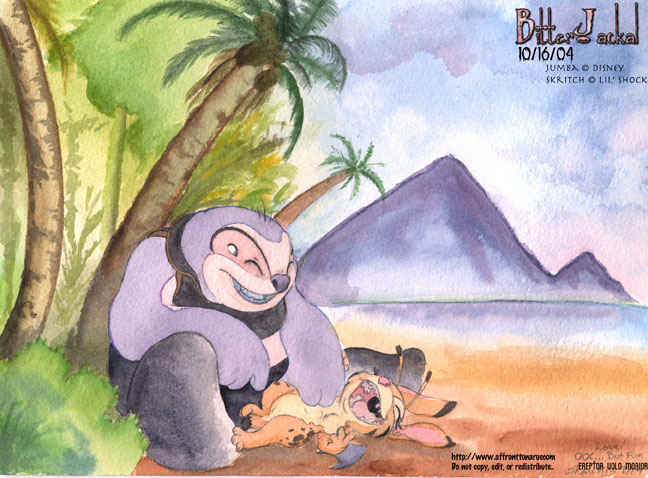 2004 4_eyes alien antennae beach bitterjackal clothed clothing dipstick_antennae dipstick_ears dipstick_tail disney duo english_text experiment_(species) eyelashes eyes_closed fan_character fur happy hawaii heartwarming island jumba_jookiba kweltikwan lilo_and_stitch lying mountain multi_eye multicolored_tail on_back open_mouth open_smile orange_fur palm_tree pink_nose purple_nose purple_skin seaside skritch_(lil'_shock) smile text traditional_media_(artwork) tree watercolor_(artwork)