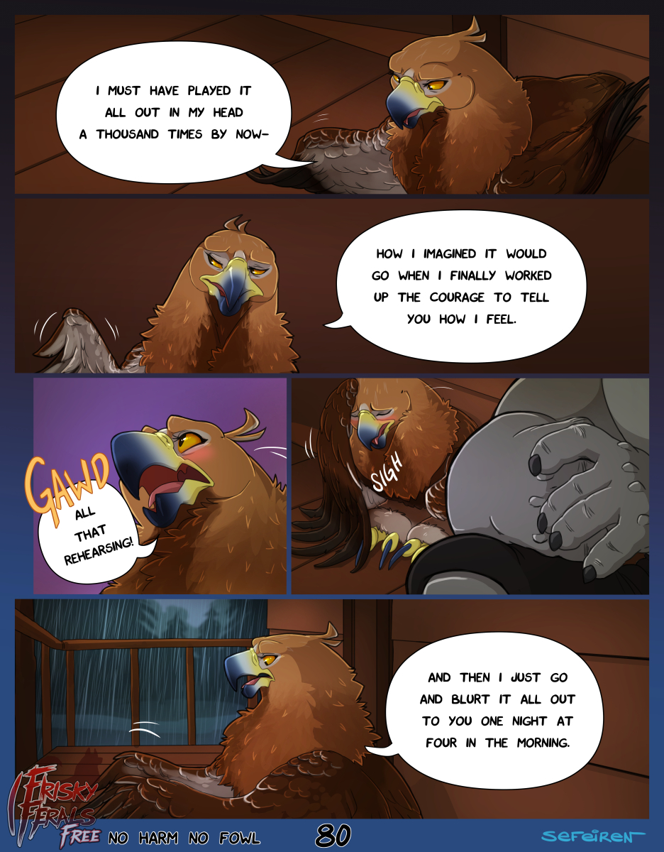 addison_(frisky_ferals) anthro avian beak bird blush brown_feathers canine claws comic conditional_dnp devon_(frisky_ferals) dialogue digital_media_(artwork) door eagle english_text feathers female feral frisky_ferals fur golden_eagle grey_fur hindpaw male mammal no_harm_no_fowl open_mouth orange_eyes outside paws porch raining sefeiren sitting speech_bubble talons text tongue wings wolf