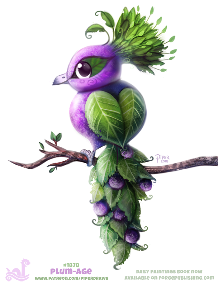 ambiguous_gender avian bird black_eyes branch cryptid-creations feathers feral green_feathers humor leaf leaf_feathers plum_(fruit) pun purple_feathers simple_background solo white_background wood