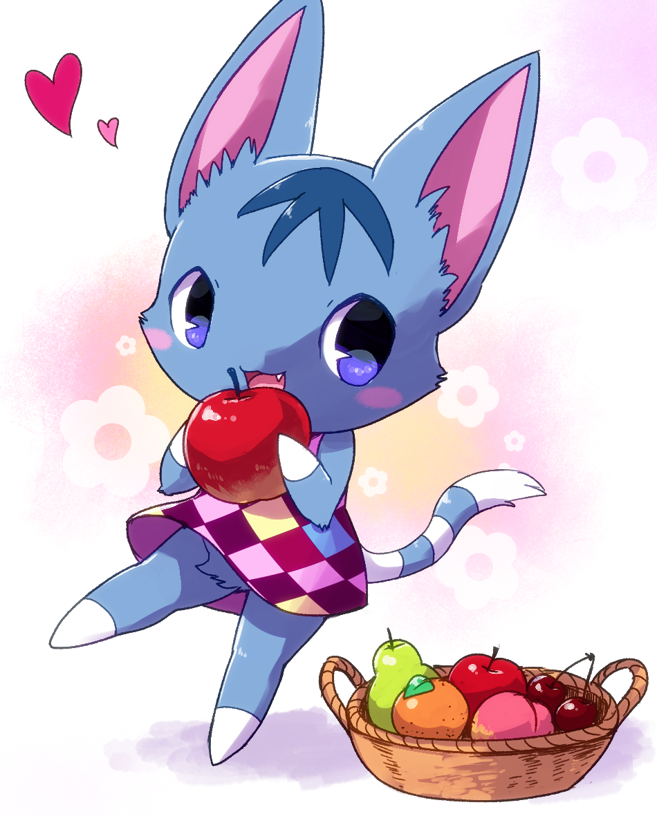 &lt;3 animal_crossing apple basket blue_eyes blush cat cherry clothing cute_fangs dress feline female food fruit full_body happy kemoribbon mammal nintendo open_mouth orange_(fruit) peach_(fruit) pear rosie_(animal_crossing) simple_background smile solo standing video_games white_background