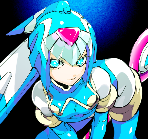 android bent_over blue_eyes bodysuit elbow_gloves female gloves helmet leviathan_(rockman) rockman rockman_zero simple_background smile solo thighhighs weapon zakki