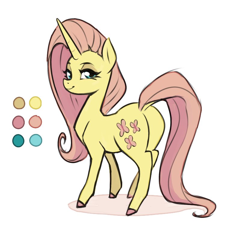 2018 alternate_species butt color_swatch cute cutie_mark dock equine eyebrows eyelashes eyeshadow female fluttershy_(mlp) friendship_is_magic full-length_portrait hair hooves horn long_hair looking_at_viewer makeup mammal mascara my_little_pony nude pink_hair portrait shadow simple_background smile solo sorcerushorserus spoiler teal_eyes unicorn white_background