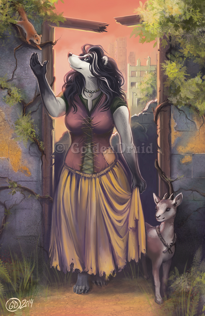 2014 5_fingers badger black_hair black_nose breasts caprine clothed clothing day distracting_watermark female goat goldendruid hair jewelry mammal mustelid necklace outside rodent skirt smile squirrel vest watermark