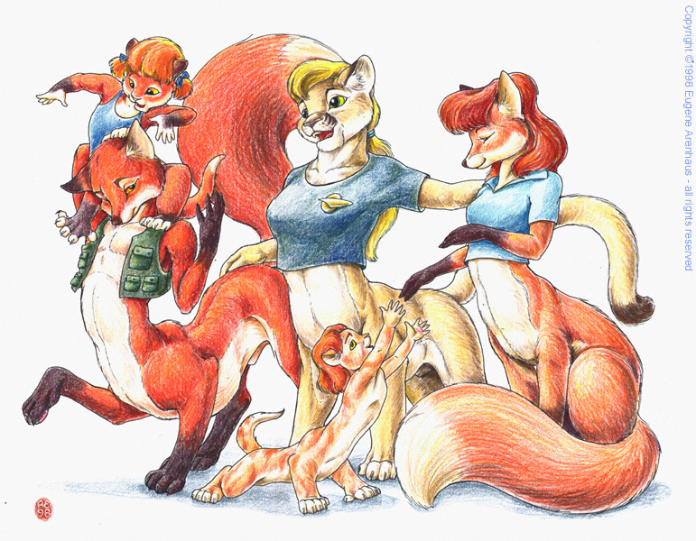 1998 animal_genitalia blaze_(goldfur) blonde_hair bottomless breasts canine chakat chakona_space clothed clothing dickgirl eudora_whitepaw eugene_arenhaus female fox foxtaur fully_sheathed fur garrek gloves_(marking) goldfur group hair intersex male malena mammal markings nude orange_fur pigtails red_fur red_hair sheath simple_background taur white_background yellow_fur