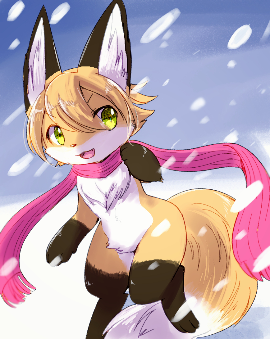 anthro canine clothed clothing cute fox fur happy inner_ear_fluff kemoribbon mammal multicolored_fur open_mouth open_smile outside partially_clothed smile snow snowing solo white_fur