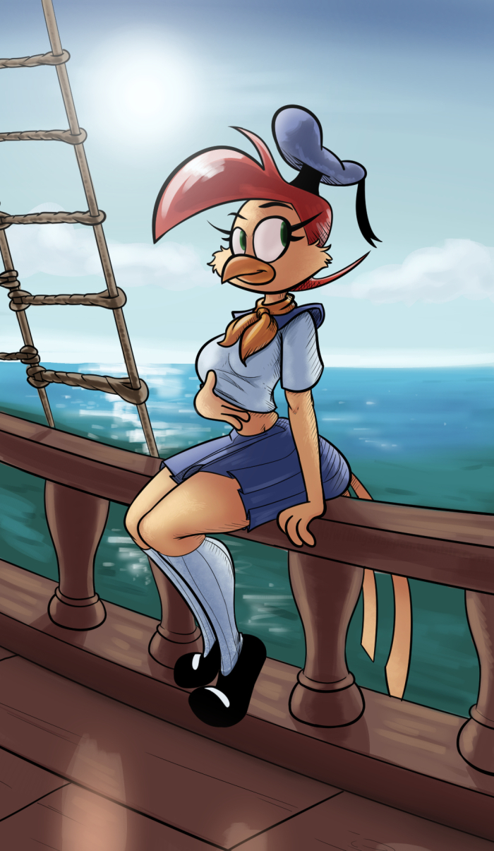 anthro avian beak bird breasts clothed clothing female green_eyes hair holding_breast looking_aside moobeard_the_cow_pirate random!_cartoons red_hair sailor_bird sailor_suit sea ship smile solo thingshappen vehicle water