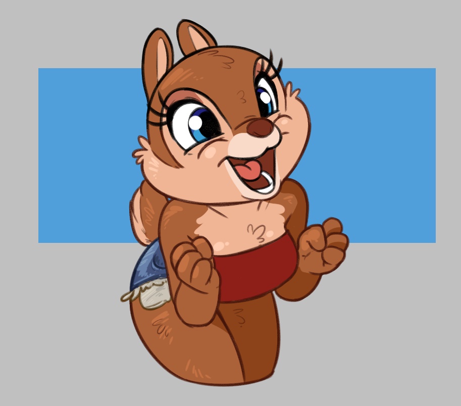 2018 4_fingers blue_eyes brown_fur brown_nose cheek_tuft chipmunk clarice clothed clothing cutoffs denim_shorts digital_drawing_(artwork) digital_media_(artwork) disney excited eyelashes female fur grey_background mammal open_mouth open_smile rodent shorts simple_background siroc small_tail smile solo tuft